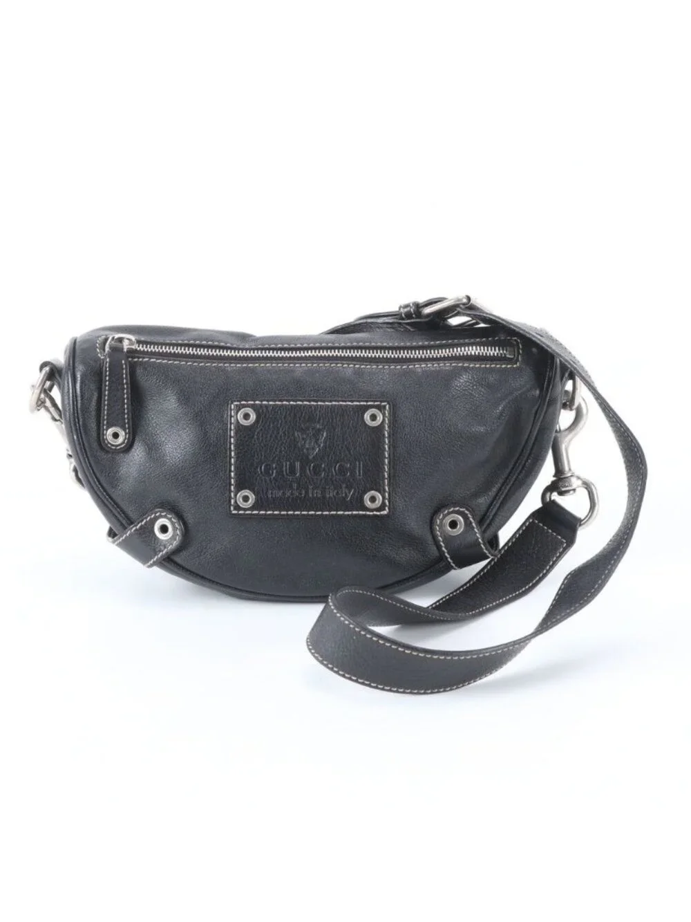 Gucci Crest Leather Shoulder Bag Crossbody Messenger Black